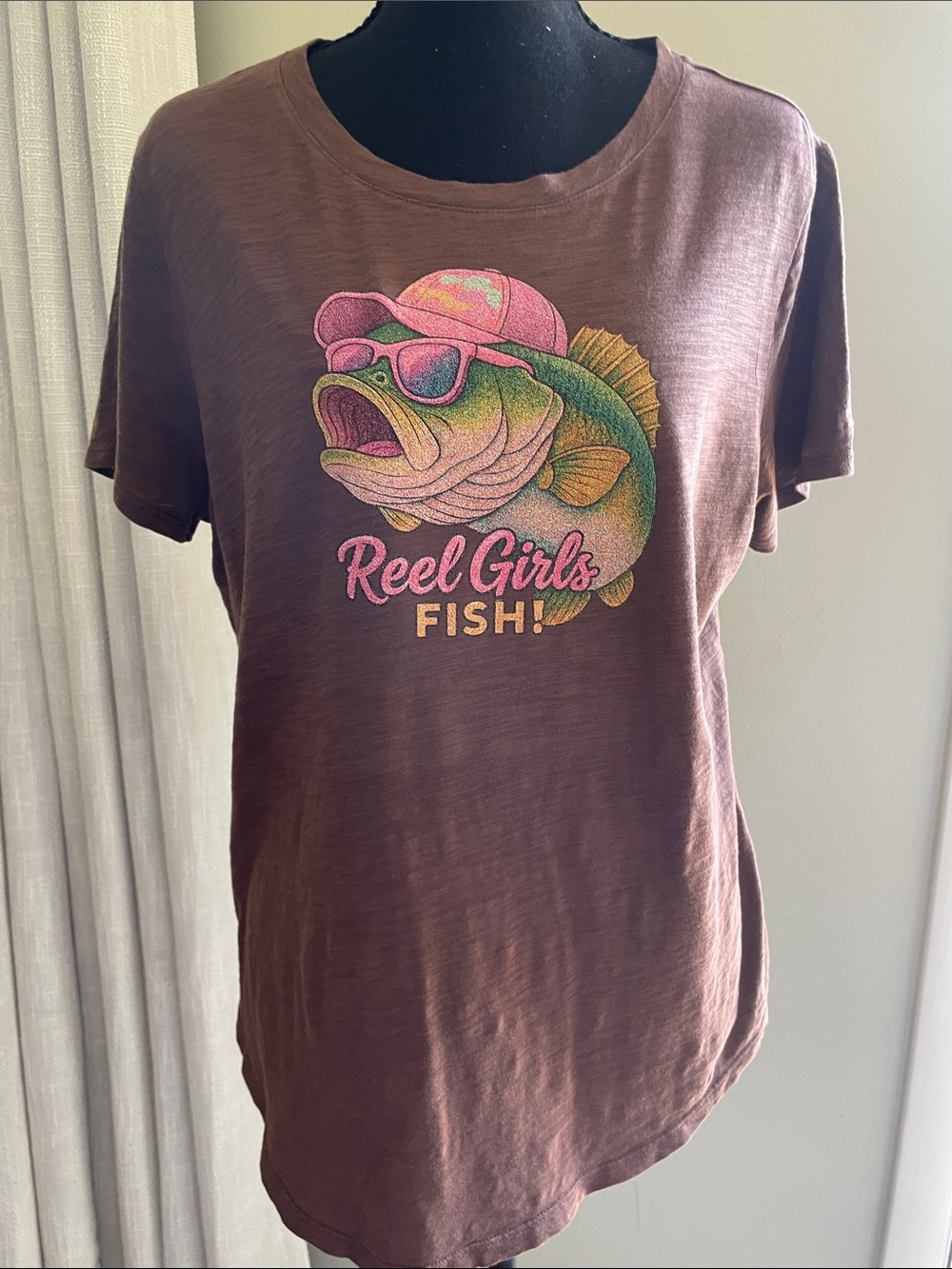 Old Navy Brown Tee with Pink & Green Fish Graphic
